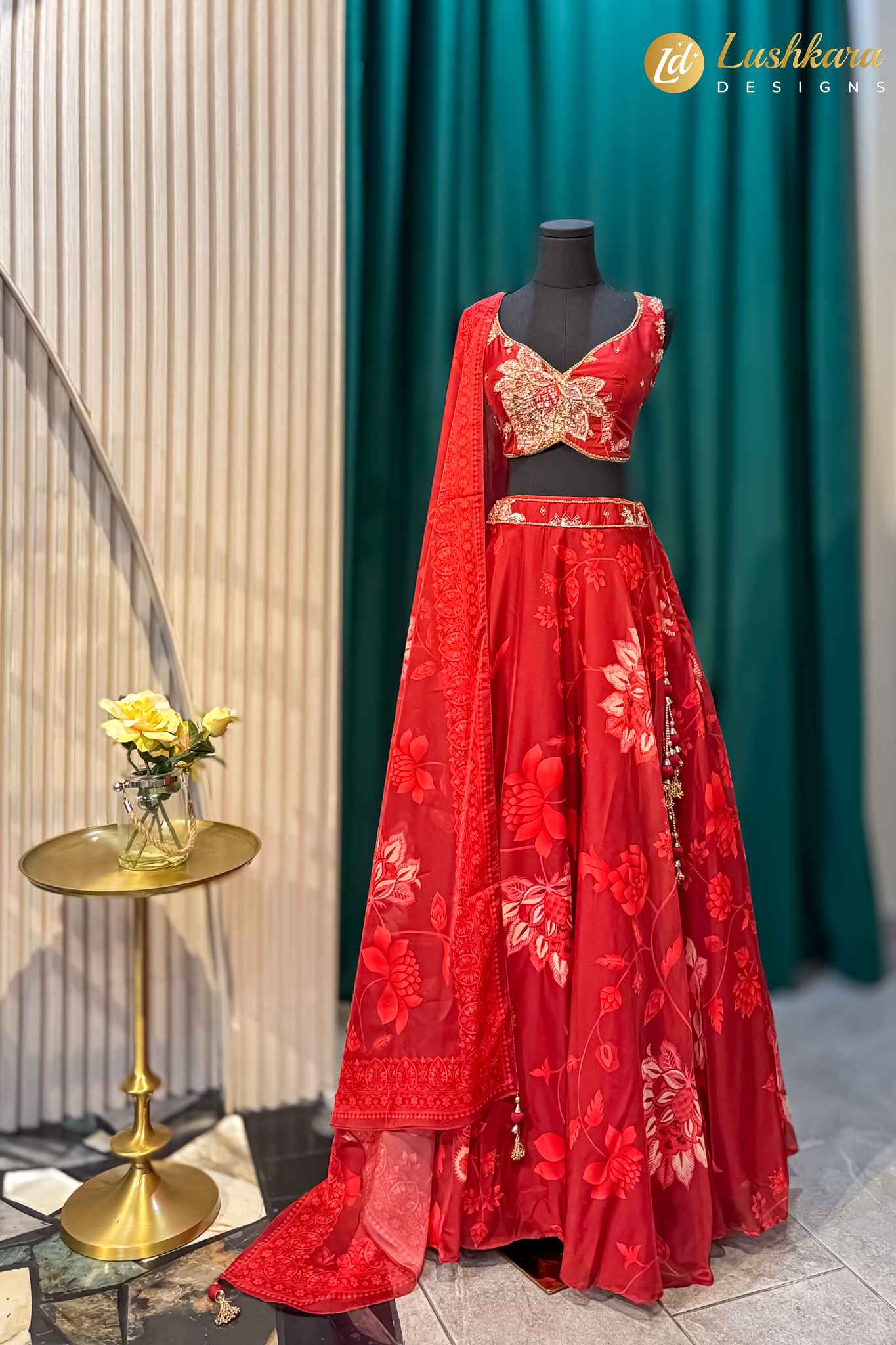 Lushkara Red Floral Embroidered Lehenga Set with Net Dupatta