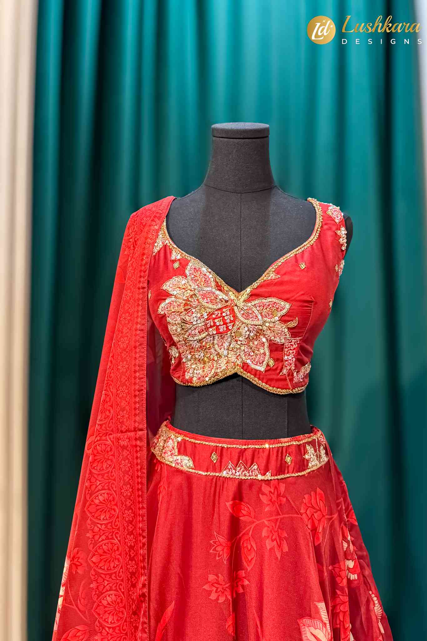 Lushkara Red Floral Embroidered Lehenga Set with Net Dupatta