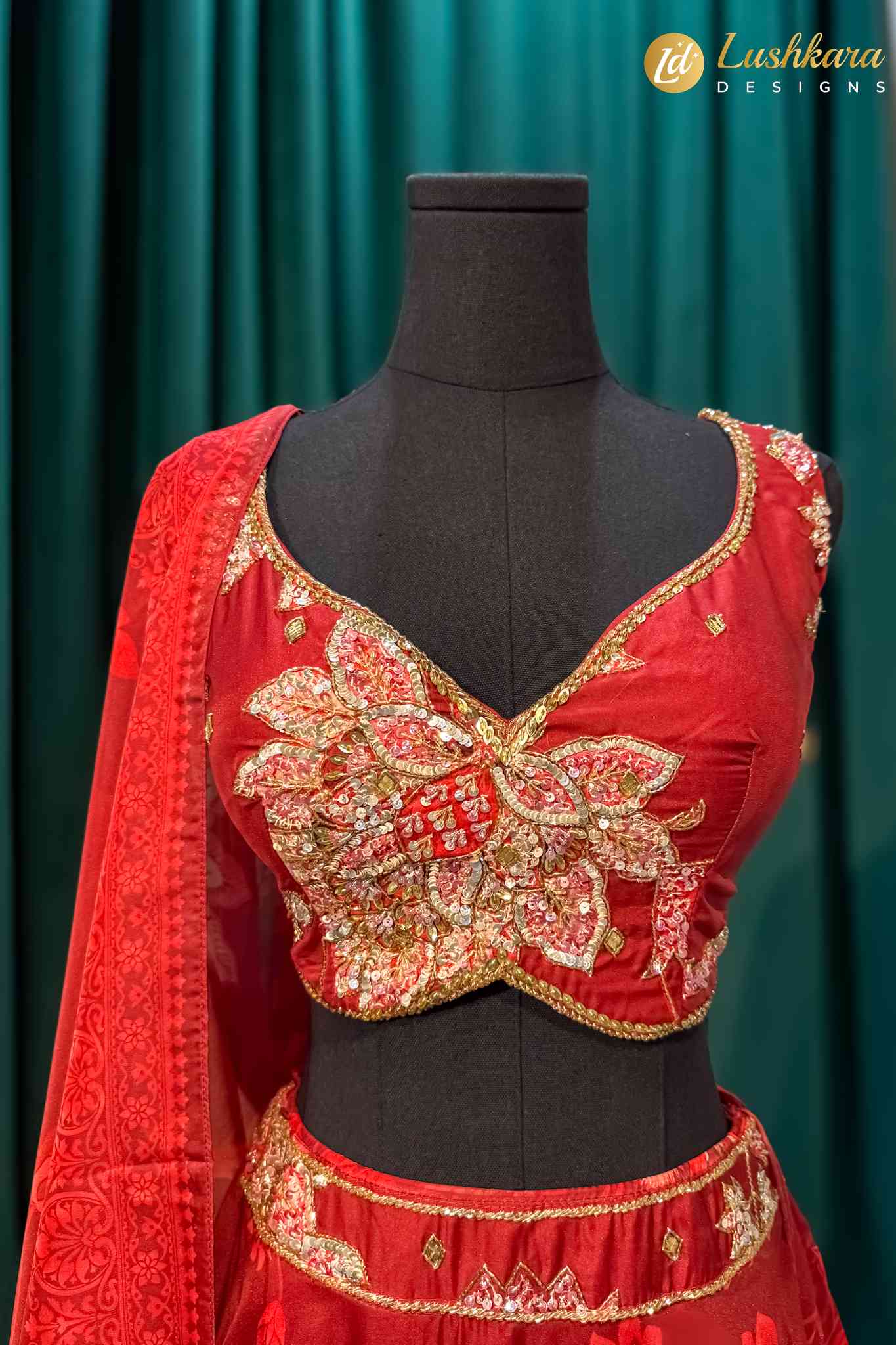 Lushkara Red Floral Embroidered Lehenga Set with Net Dupatta