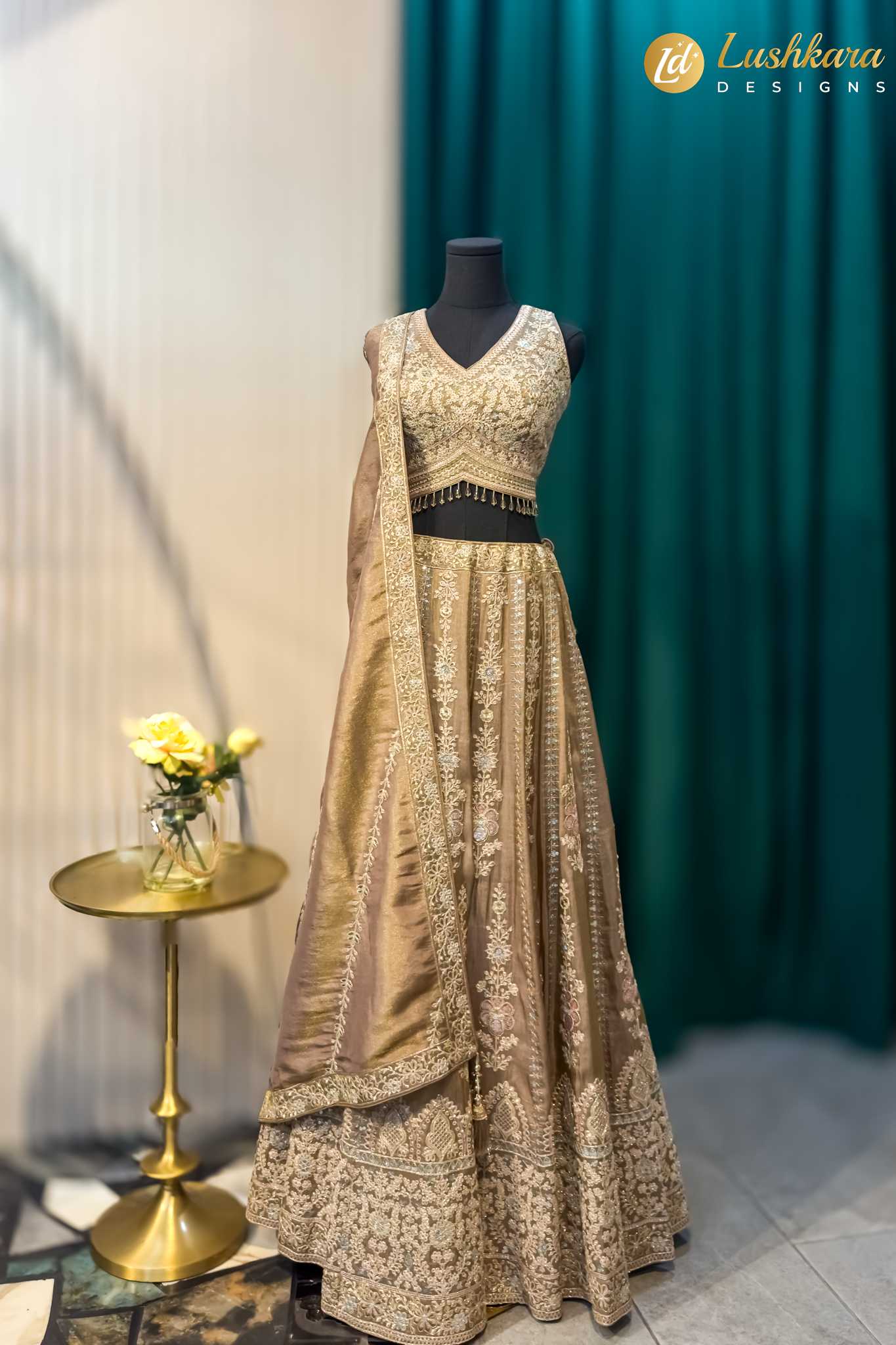 Lushkara Golden Embroidered Lehenga Set with Dupatta