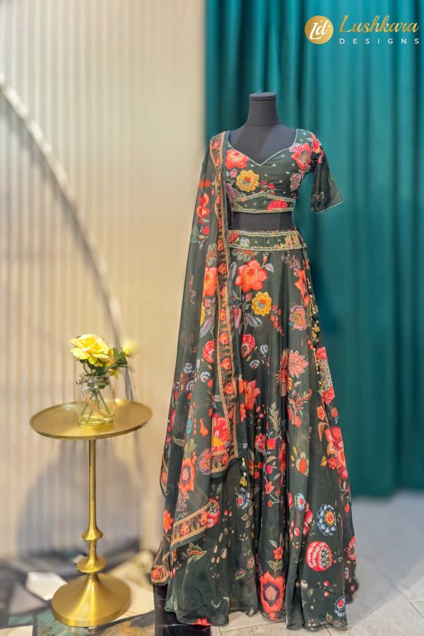 Lushkara Dark Green Floral Lehenga Set with Dupatta