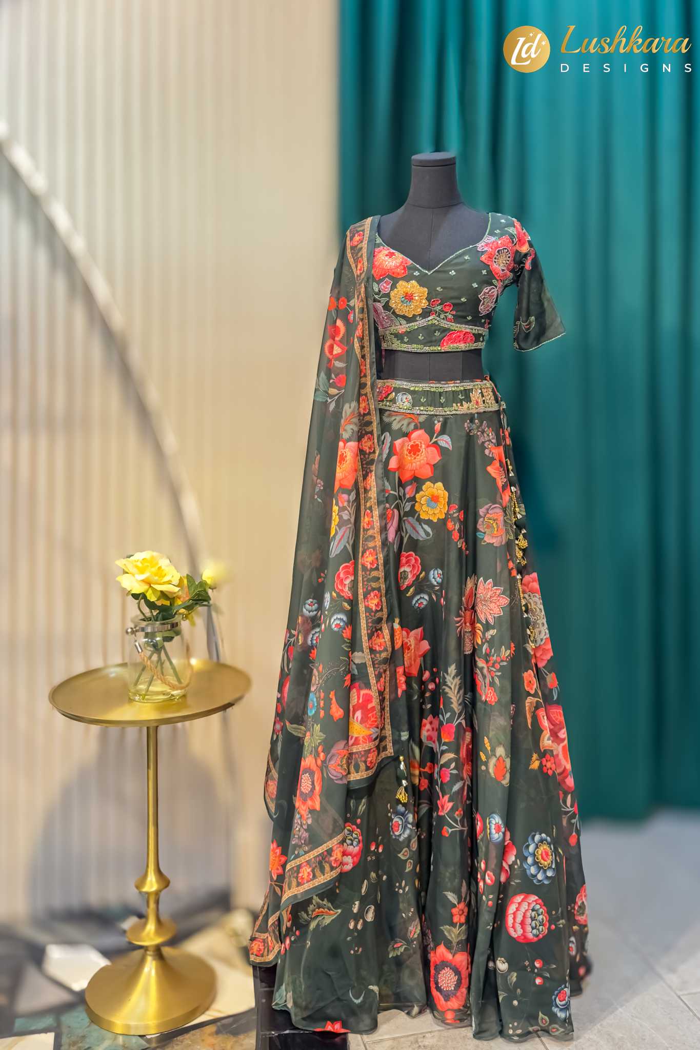 Lushkara Dark Green Floral Lehenga Set with Dupatta