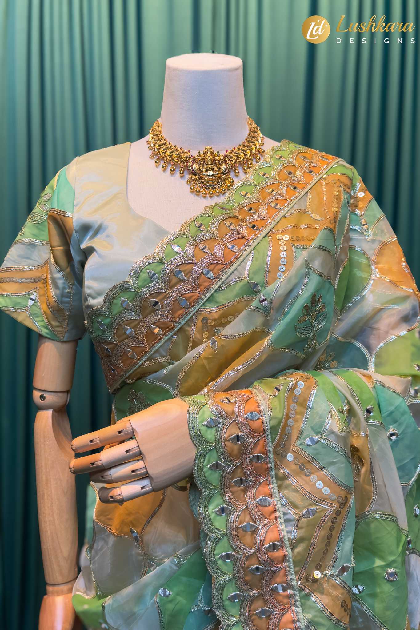 Lushkara Pastel Green & Peach Organza Saree with Mirror Work - Image 2