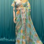 Lushkara Pastel Green Organza Saree with Mirror Work