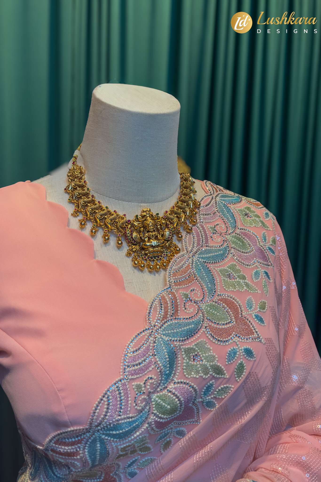 Lushkara Light Pink Embroidered Net Saree - Image 3