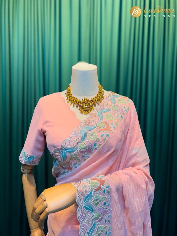 Lushkara Light Pink Embroidered Net Saree - Image 2