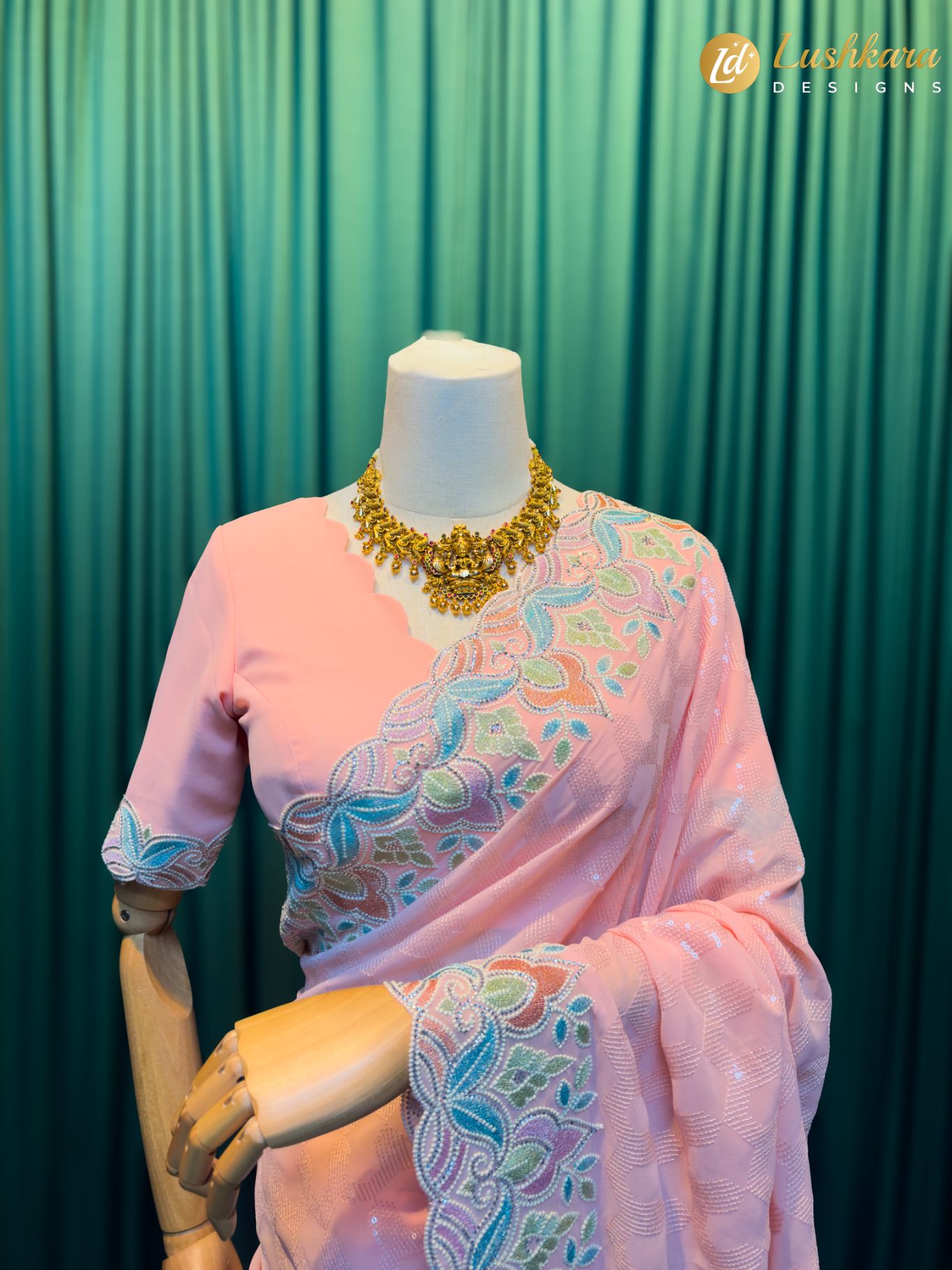 Lushkara Light Pink Embroidered Net Saree - Image 2