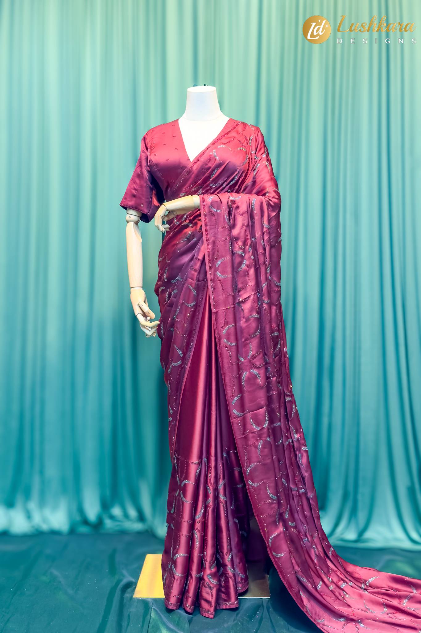 Lushkara Maroon Satin Saree