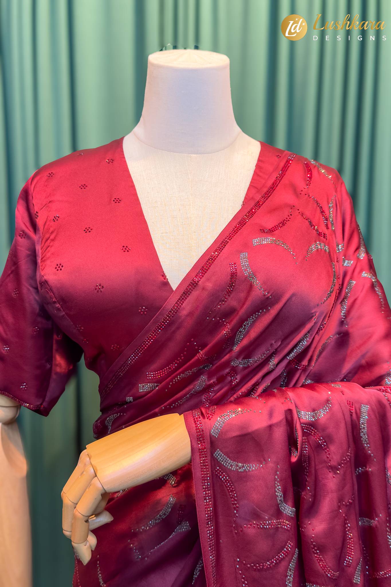 Lushkara Maroon Satin Saree