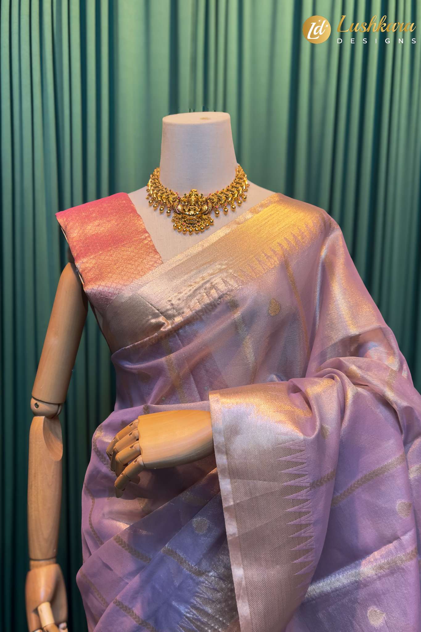 Lushkara Rose Pink textured Silk Saree with Golden Zari Border - Image 3