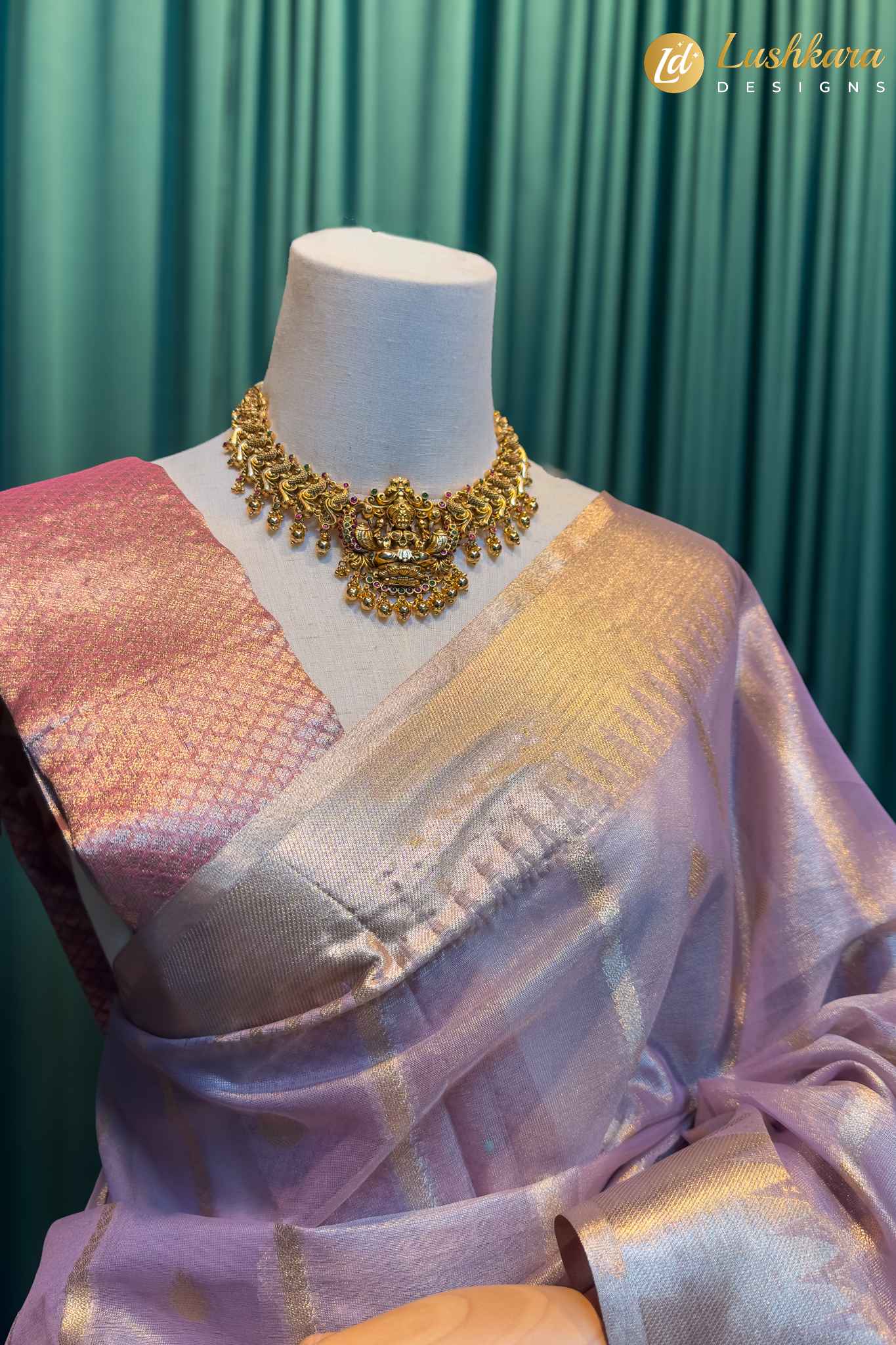 Lushkara Rose Pink textured Silk Saree with Golden Zari Border - Image 2