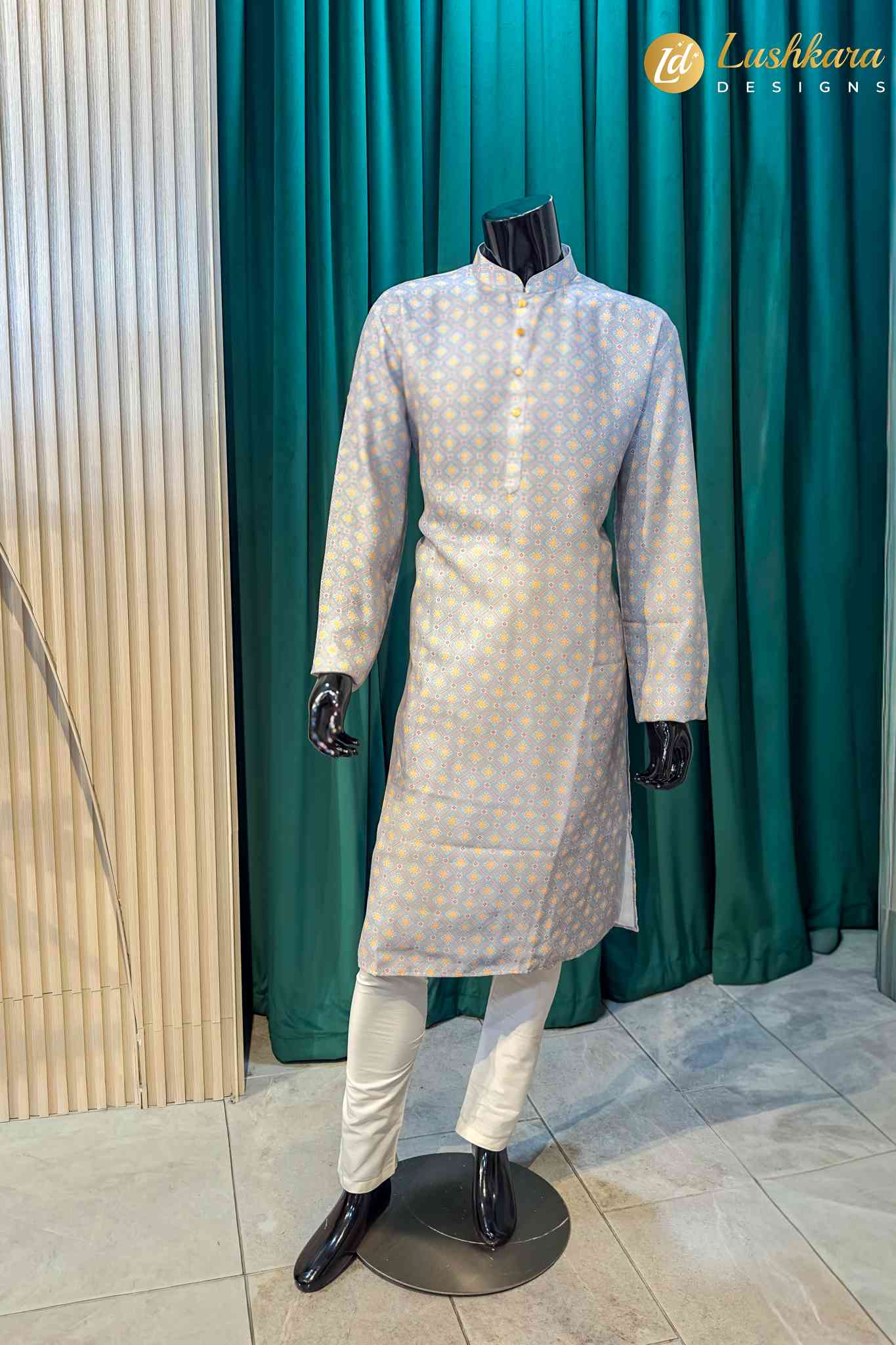 Lushkara Light Blue Printed Mens Kurta Set with White Pajama