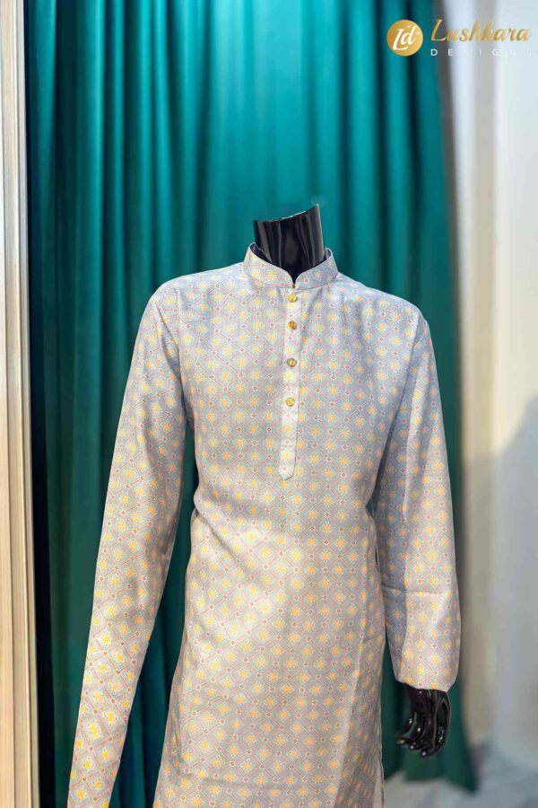 Lushkara Cream & Gold Printed Mens Kurta Set with White Pajama
