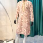 Lushkara Pastel Pink Printed Mens Kurta Set with Embroidered Neck