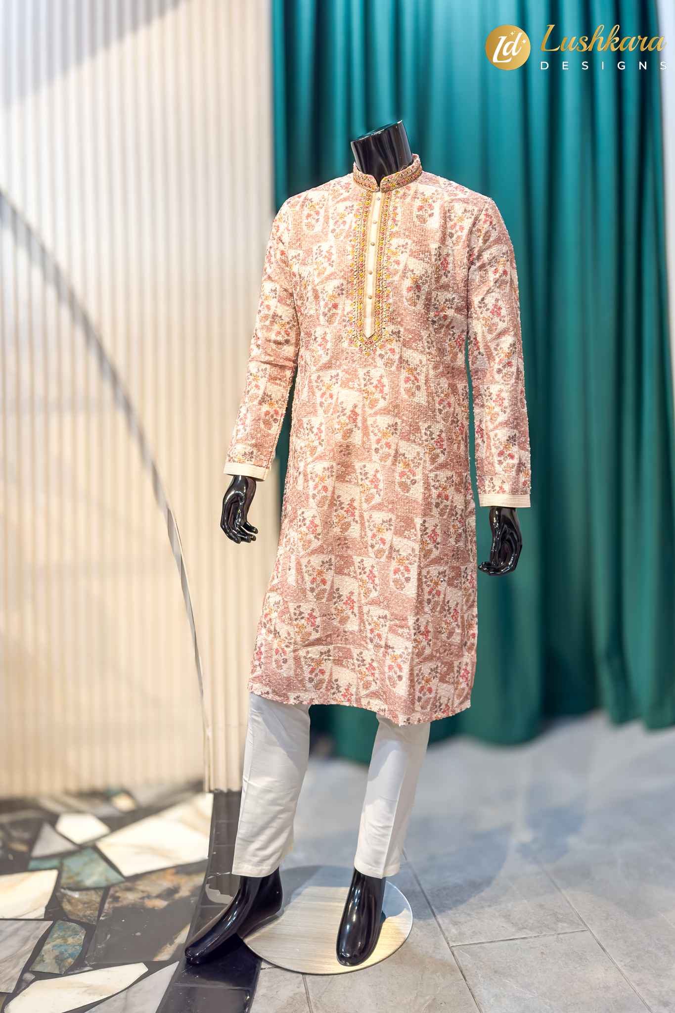 Lushkara Pastel Pink Printed Mens Kurta Set with Embroidered Neck
