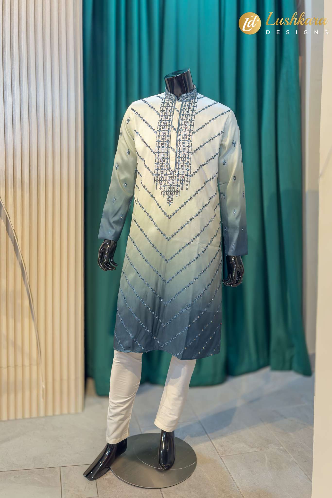 Lushkara Blue Ombre Embroidered Mens Kurta Set