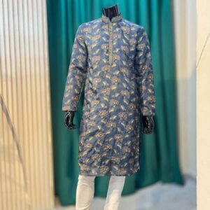 Lushkara Teal Floral Printed Mens Kurta Set