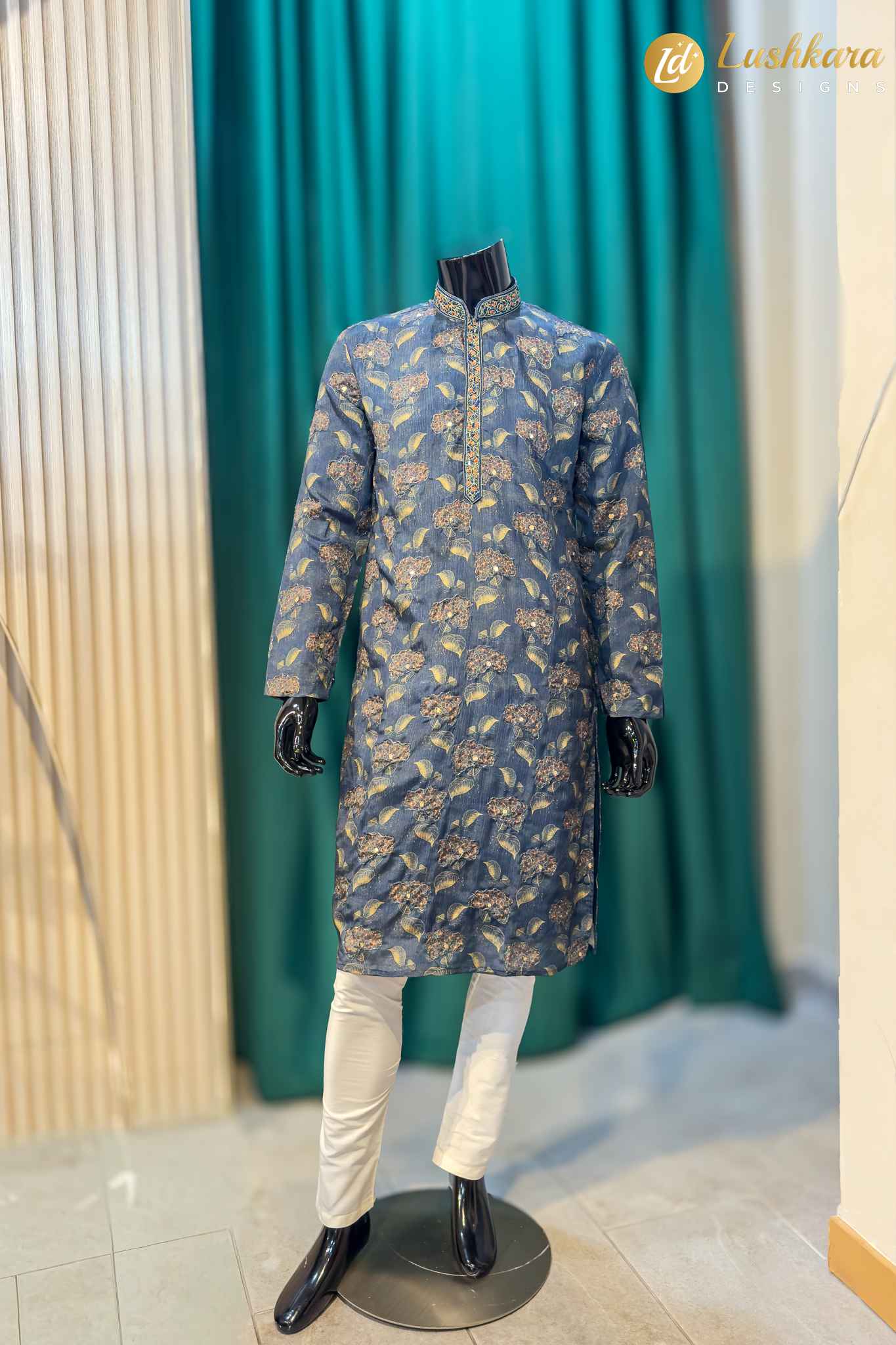 Lushkara Teal Floral Printed Mens Kurta Set