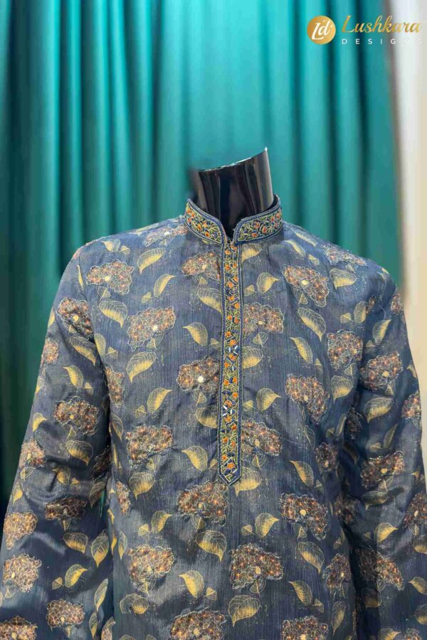Lushkara Teal Floral Printed Mens Kurta Set
