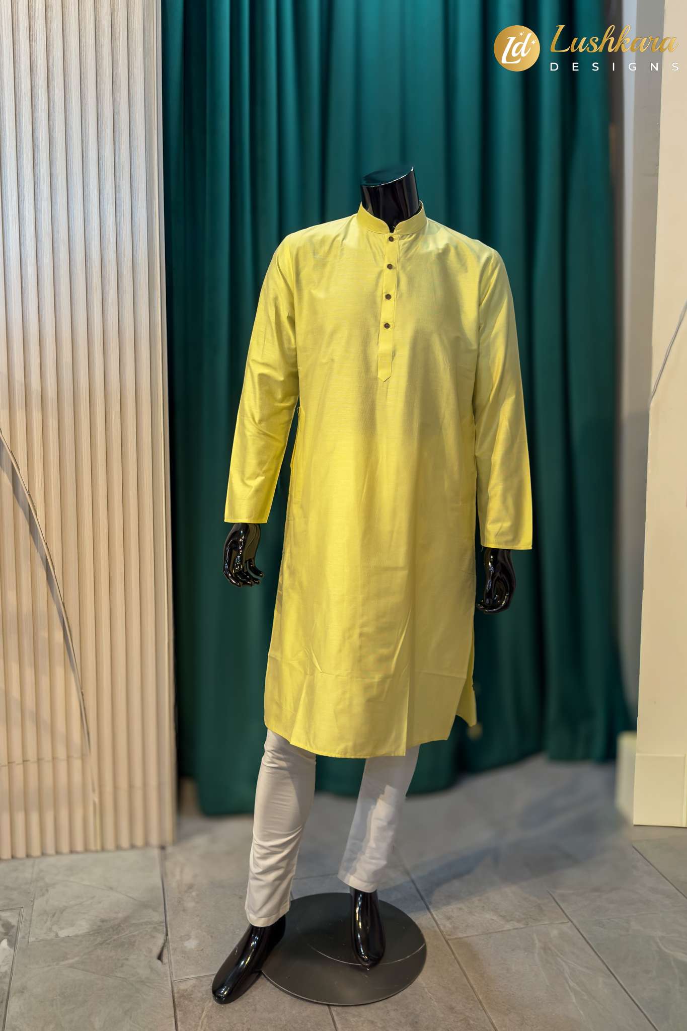 Lushkara Yellow Mens Kurta Set with White Pajama