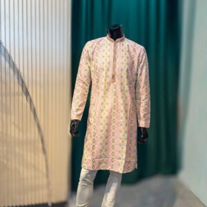 Lushkara Pastel Printed Mens Kurta Set with White Pajama