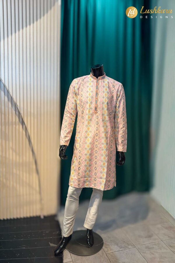 Lushkara Pastel Printed Mens Kurta Set with White Pajama