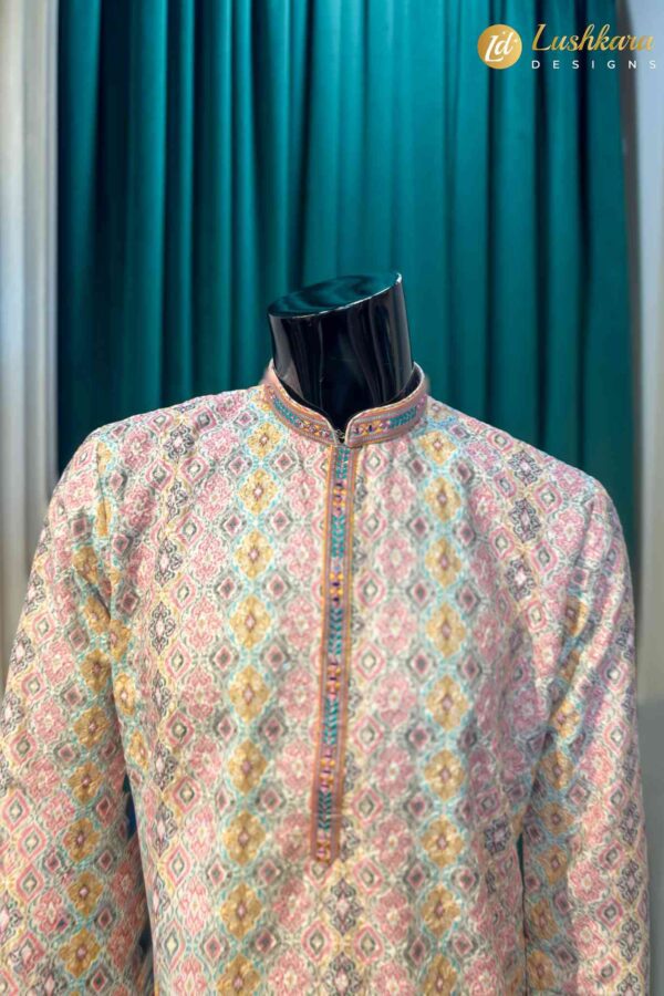 Lushkara Pastel Printed Mens Kurta Set with White Pajama