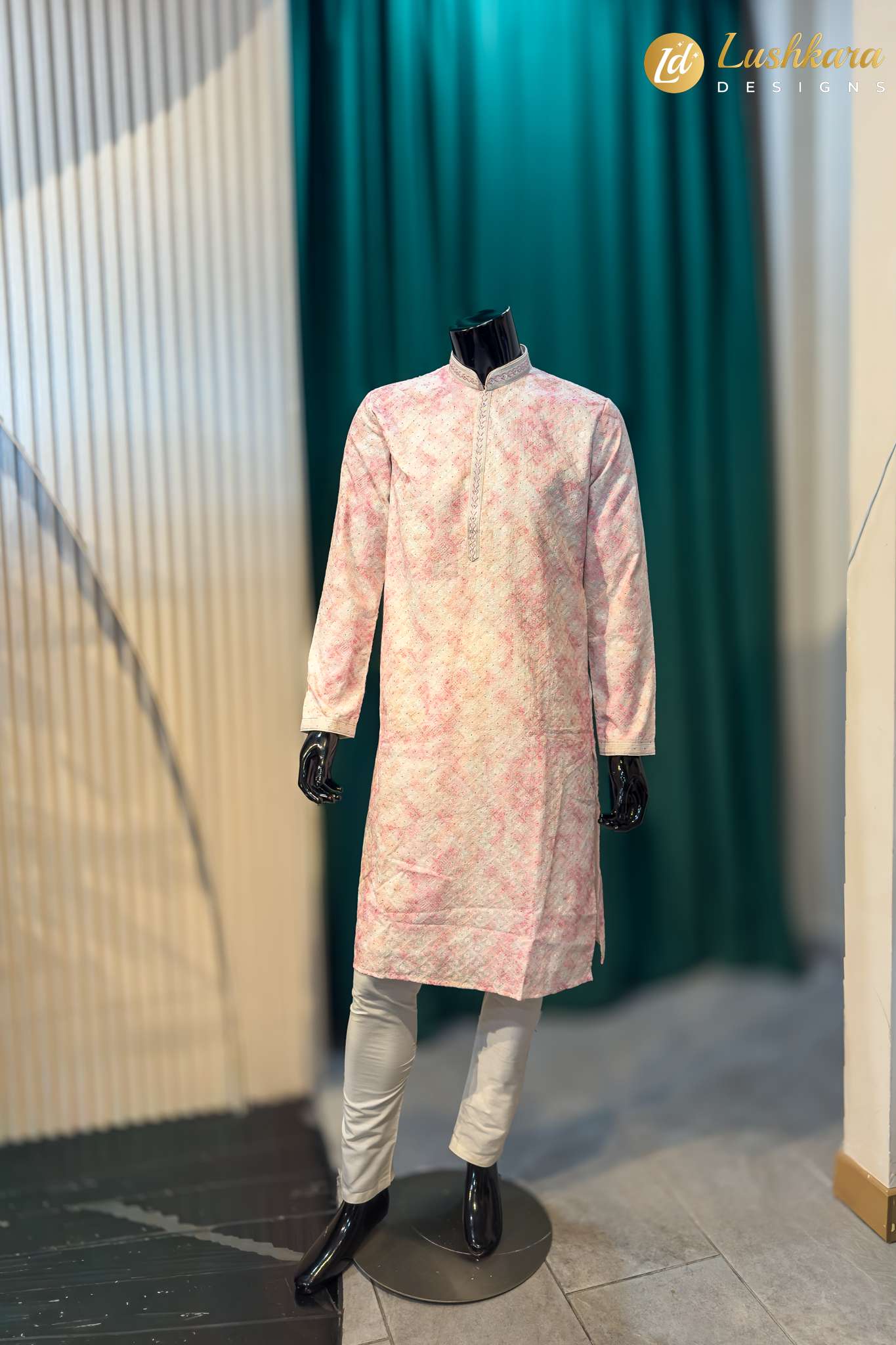 Lushkara Blush Pink Printed Mens Kurta Set with White Pajama