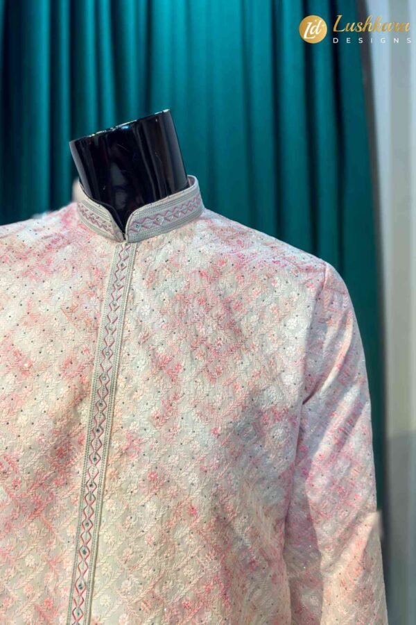 Lushkara Blush Pink Printed Mens Kurta Set with White Pajama