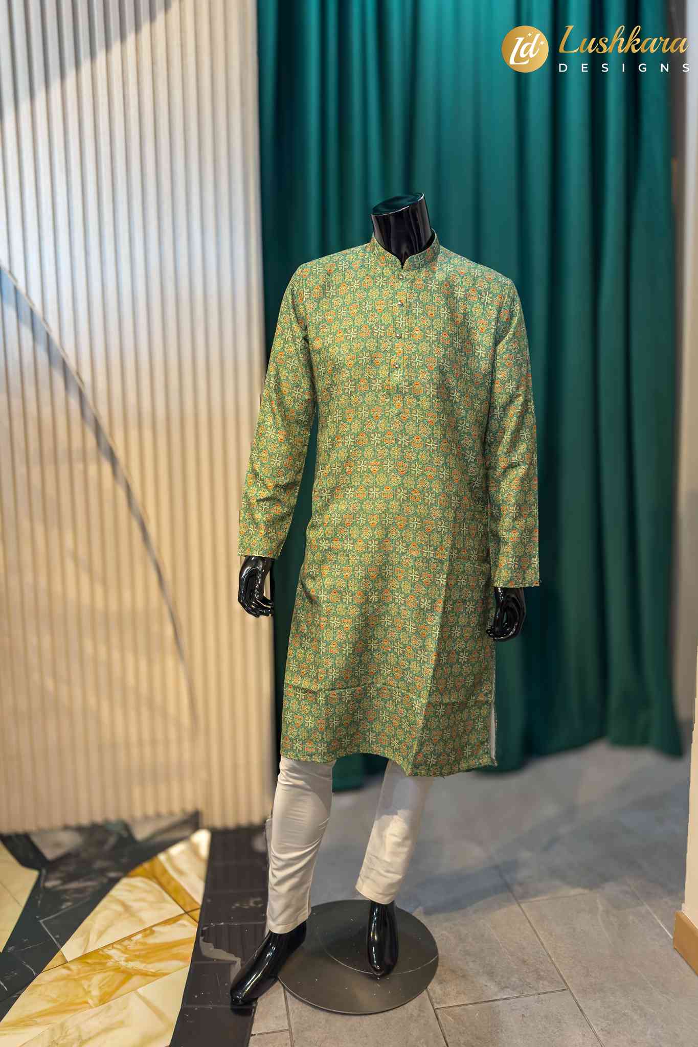 Lushkara Classic Green Printed Kurta for Men