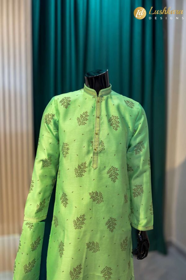 Lushkara Light Green Printed Mens Kurta Set with Gold Pajama
