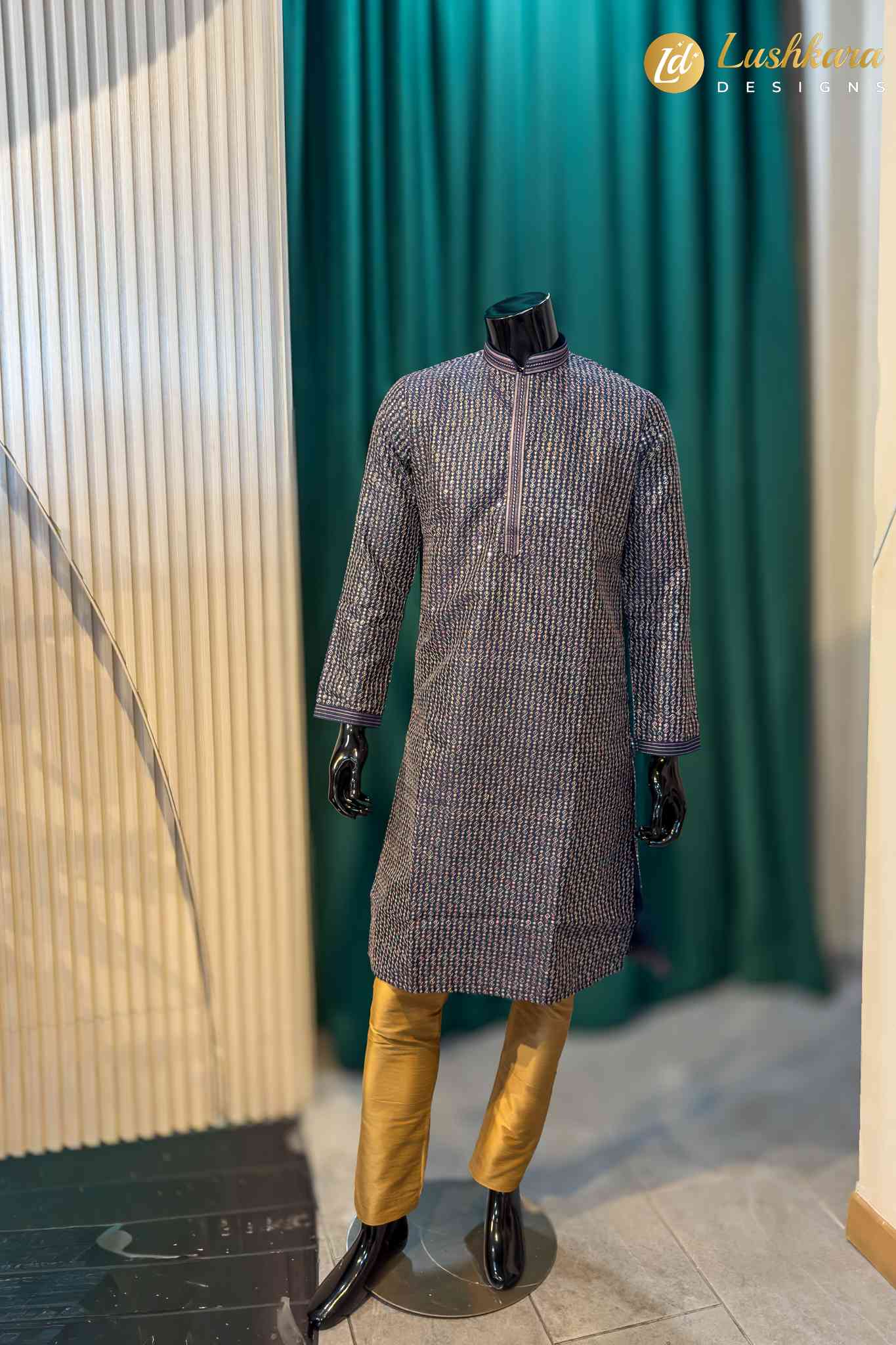 Lushkara Blue Printed Mens Kurta Set with Gold Pajama