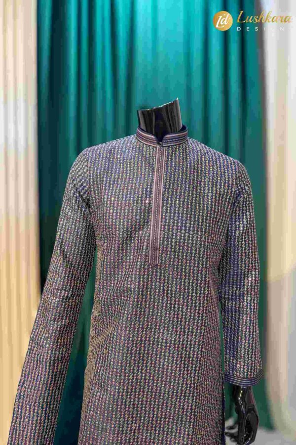 Lushkara Blue Printed Mens Kurta Set with Gold Pajama