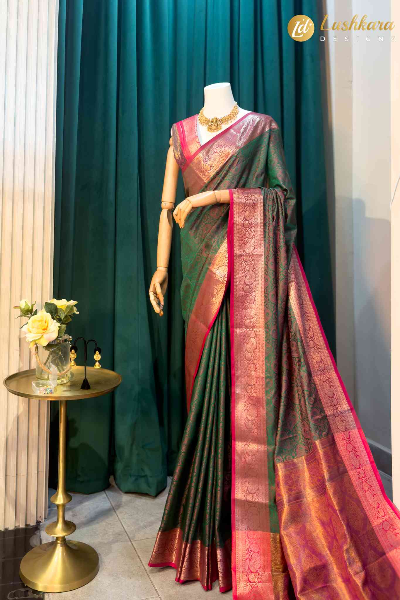 Lushkara Green and Pink Banarasi Silk Saree