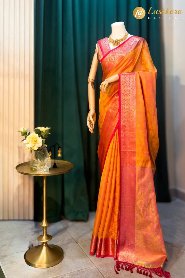 Lushkara Orange and Pink Banarasi Silk Saree
