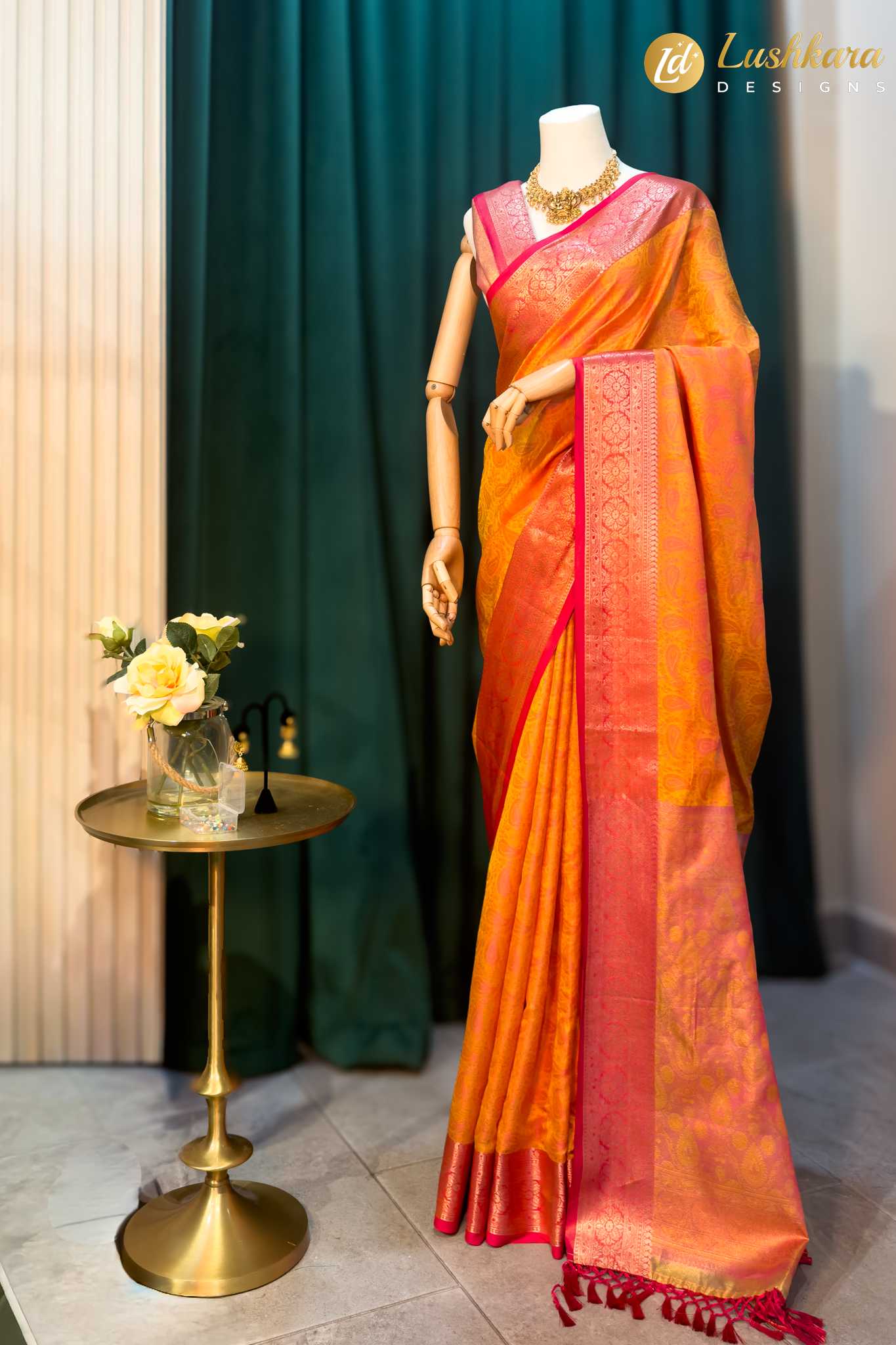 Lushkara Orange and Pink Banarasi Silk Saree