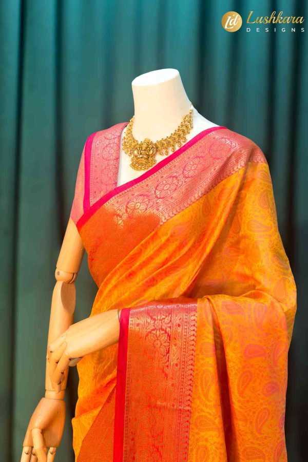 Lushkara Orange and Pink Banarasi Silk Saree