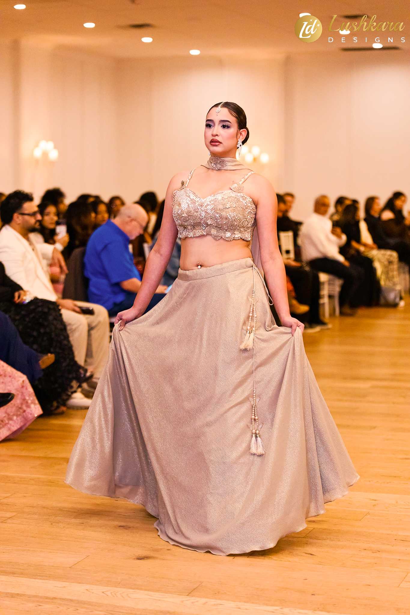 Lushkara Champagne Gold Embroidered Flowy Lehenga