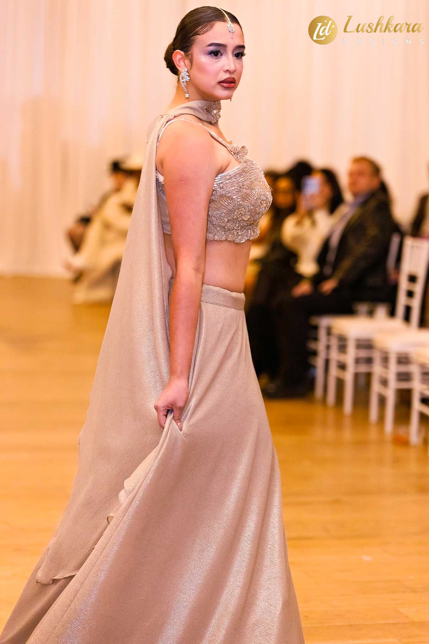 Lushkara Champagne Gold Embroidered Flowy Lehenga