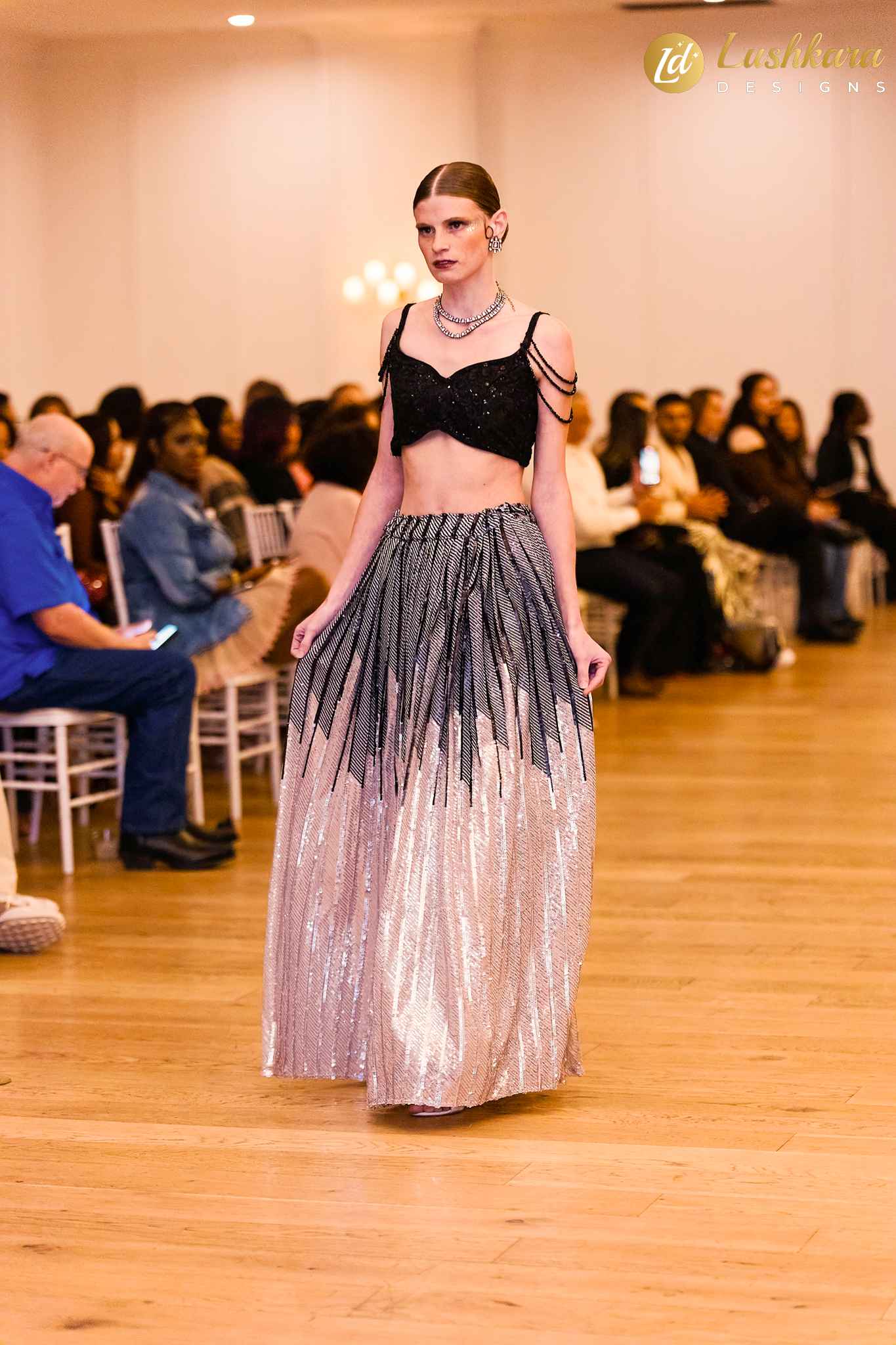 Lushkara Black Blouse With Silver Ombre Sequin Lehenga