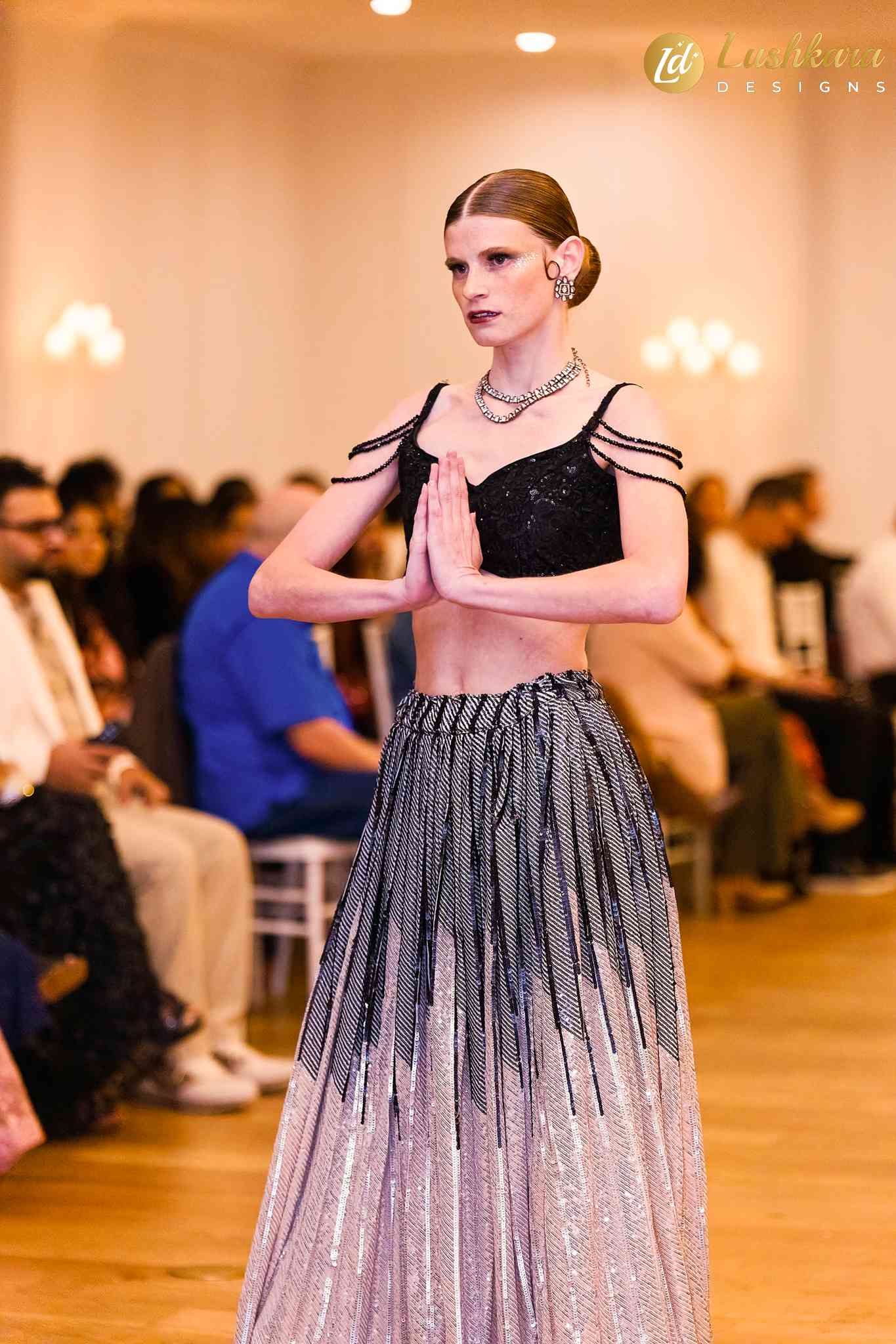 Lushkara Black Blouse With Silver Ombre Sequin Lehenga