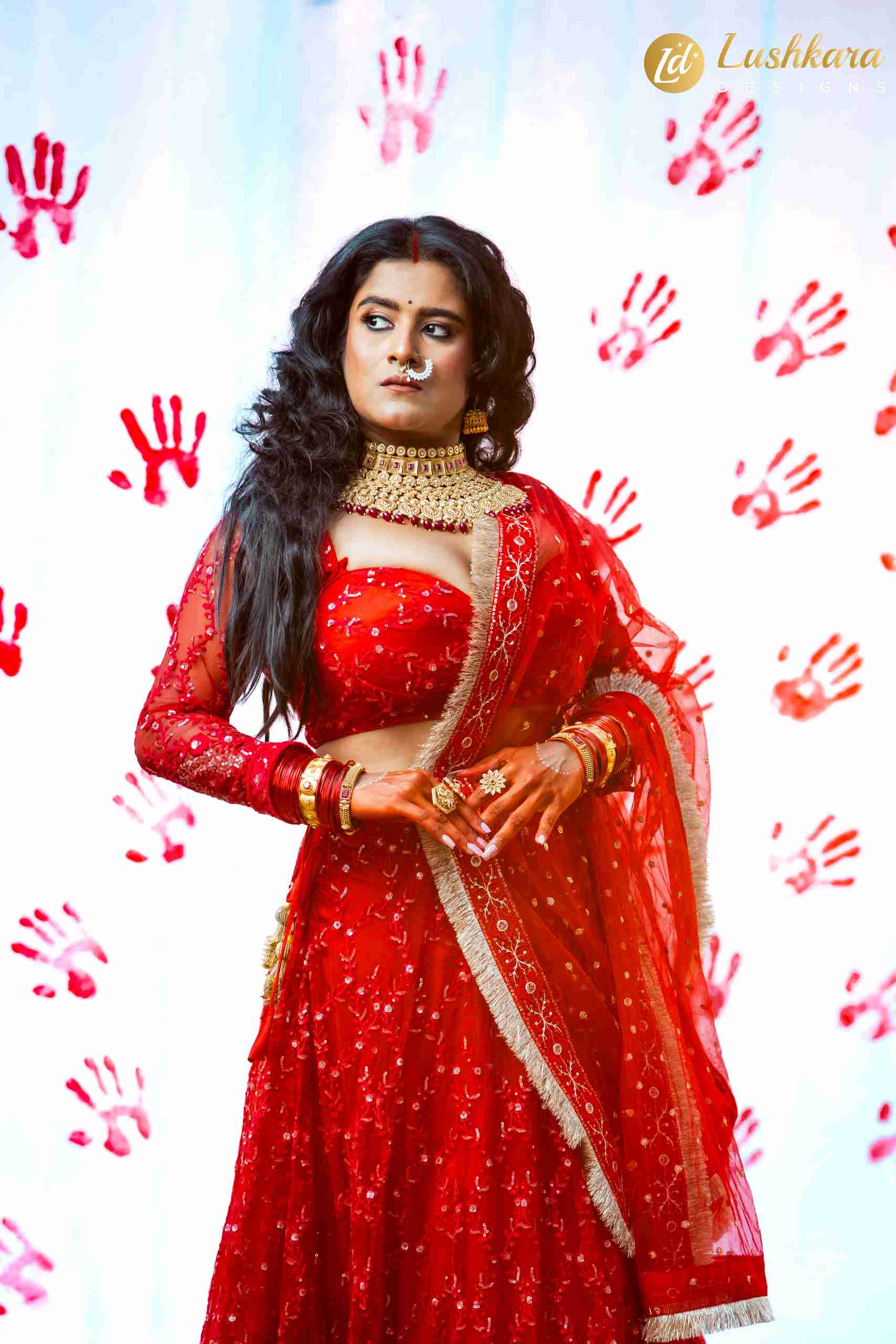 Lushkara Red Sequin and Thread Work Lehenga With Sheer Dupatta