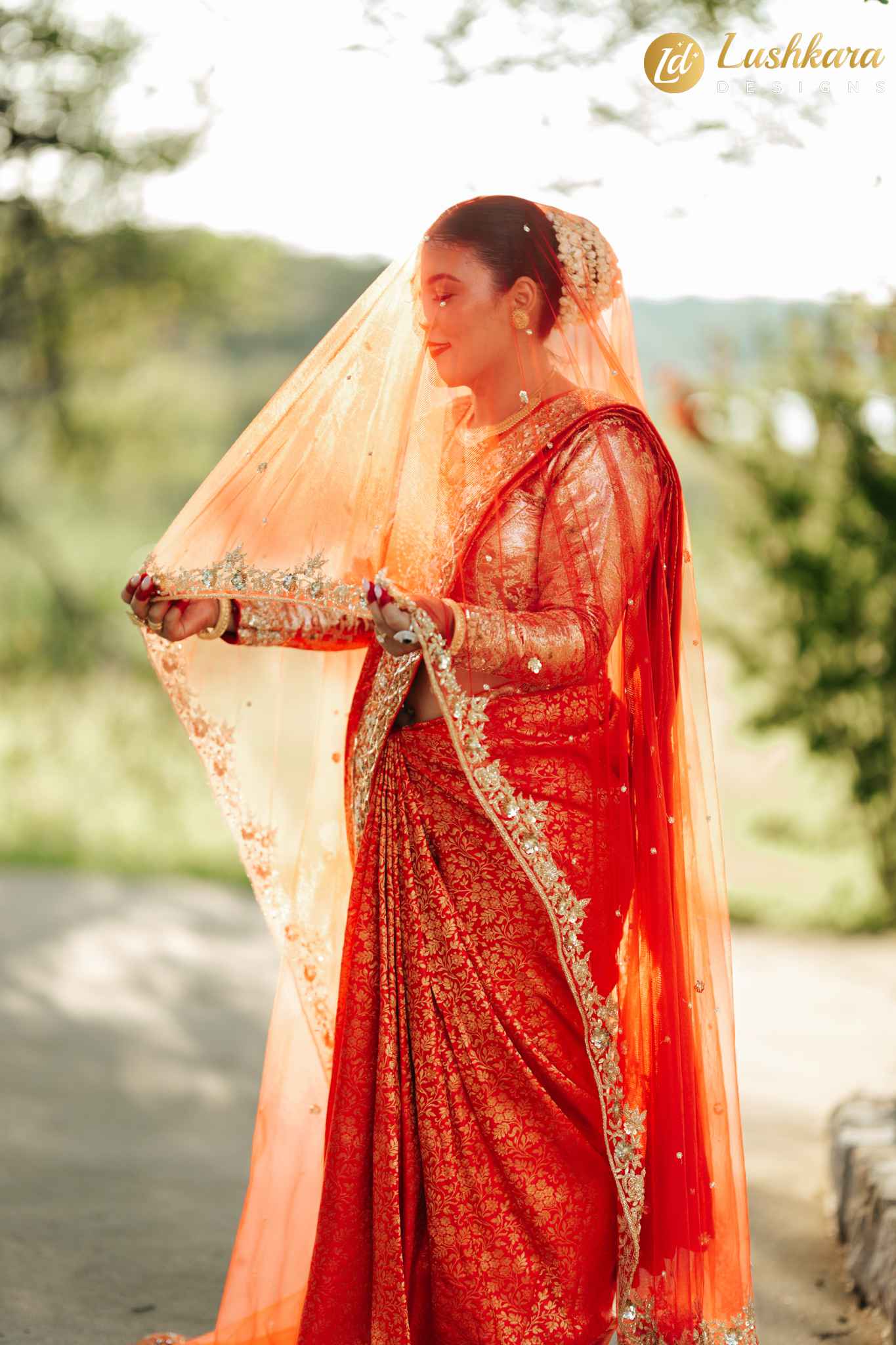 Lushkara Bridal Red Golden Banarasi Saree With Heavy Border