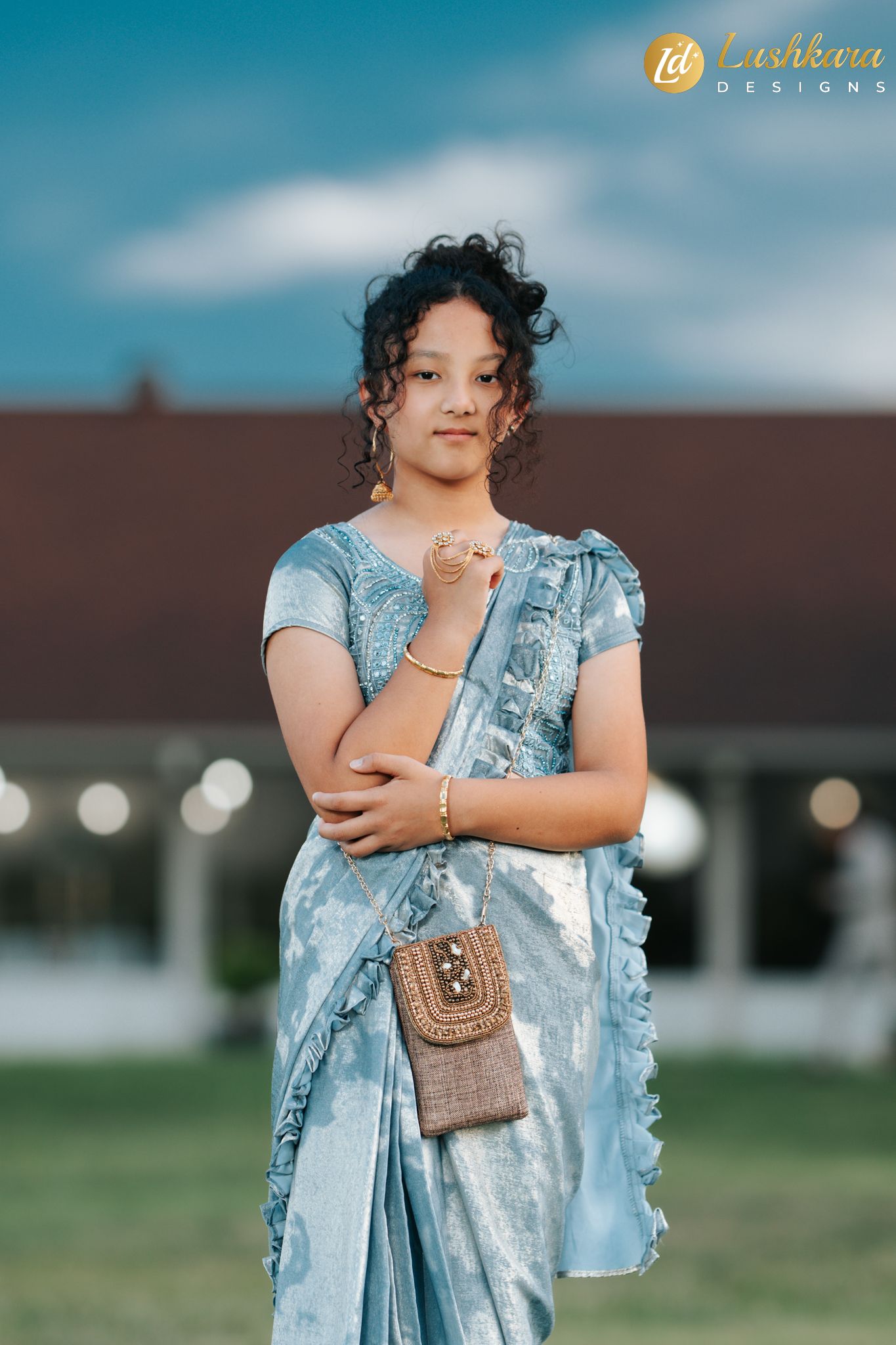 Lushkara Silver Grey Kids Ruffle Saree – Mirror Embellished Party Saree for Girls