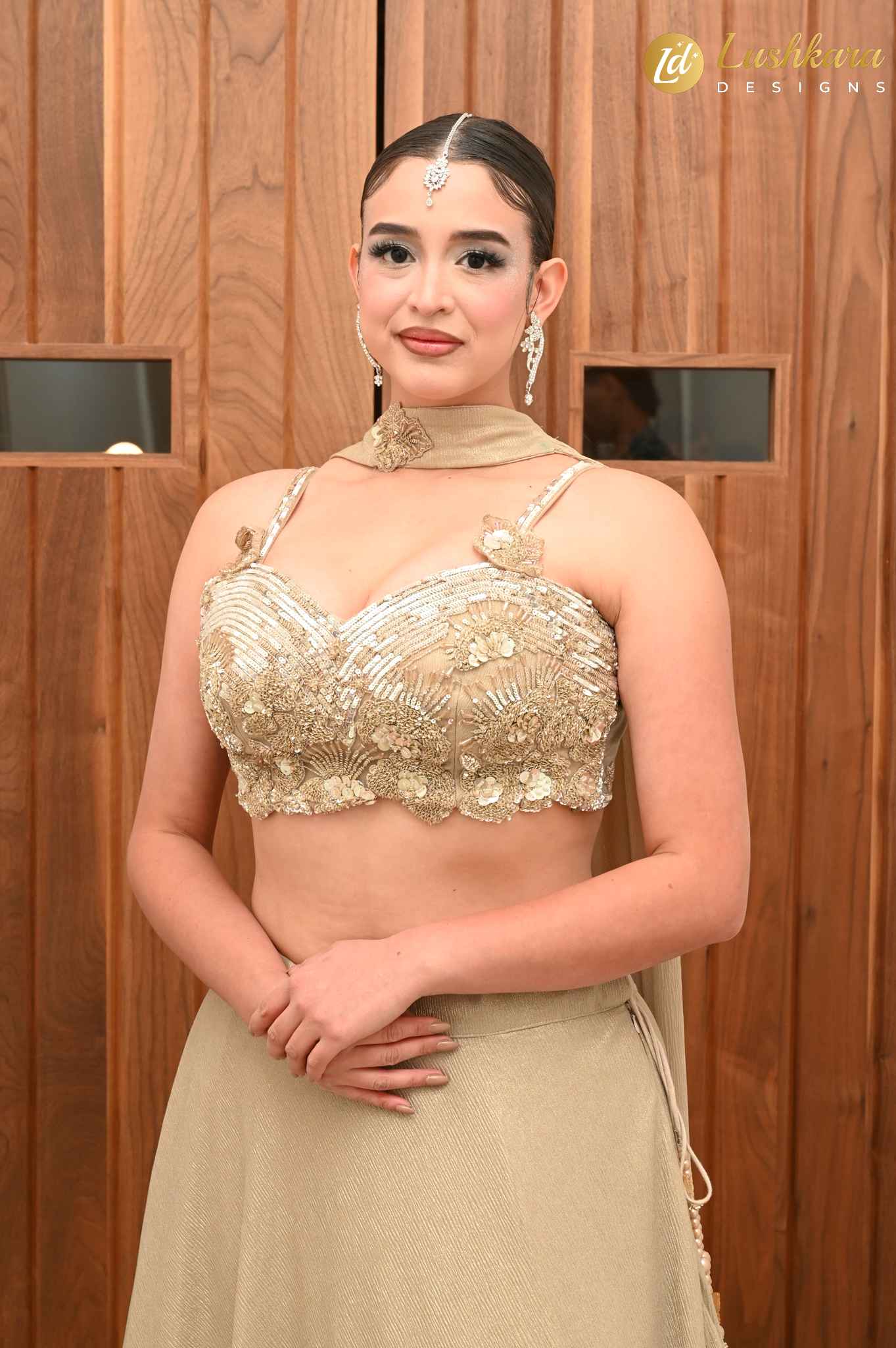 Lushkara Champagne Gold Embroidered Flowy Lehenga