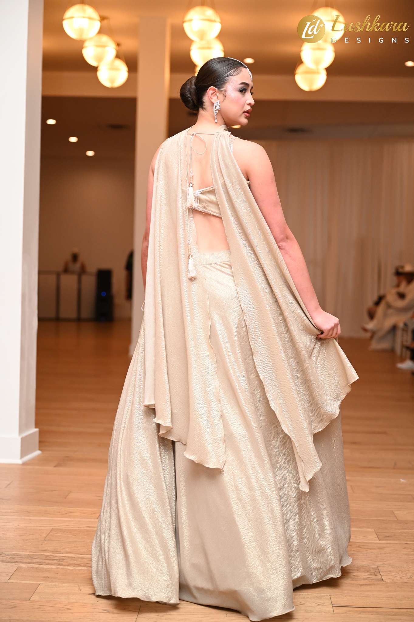 Lushkara Champagne Gold Embroidered Flowy Lehenga