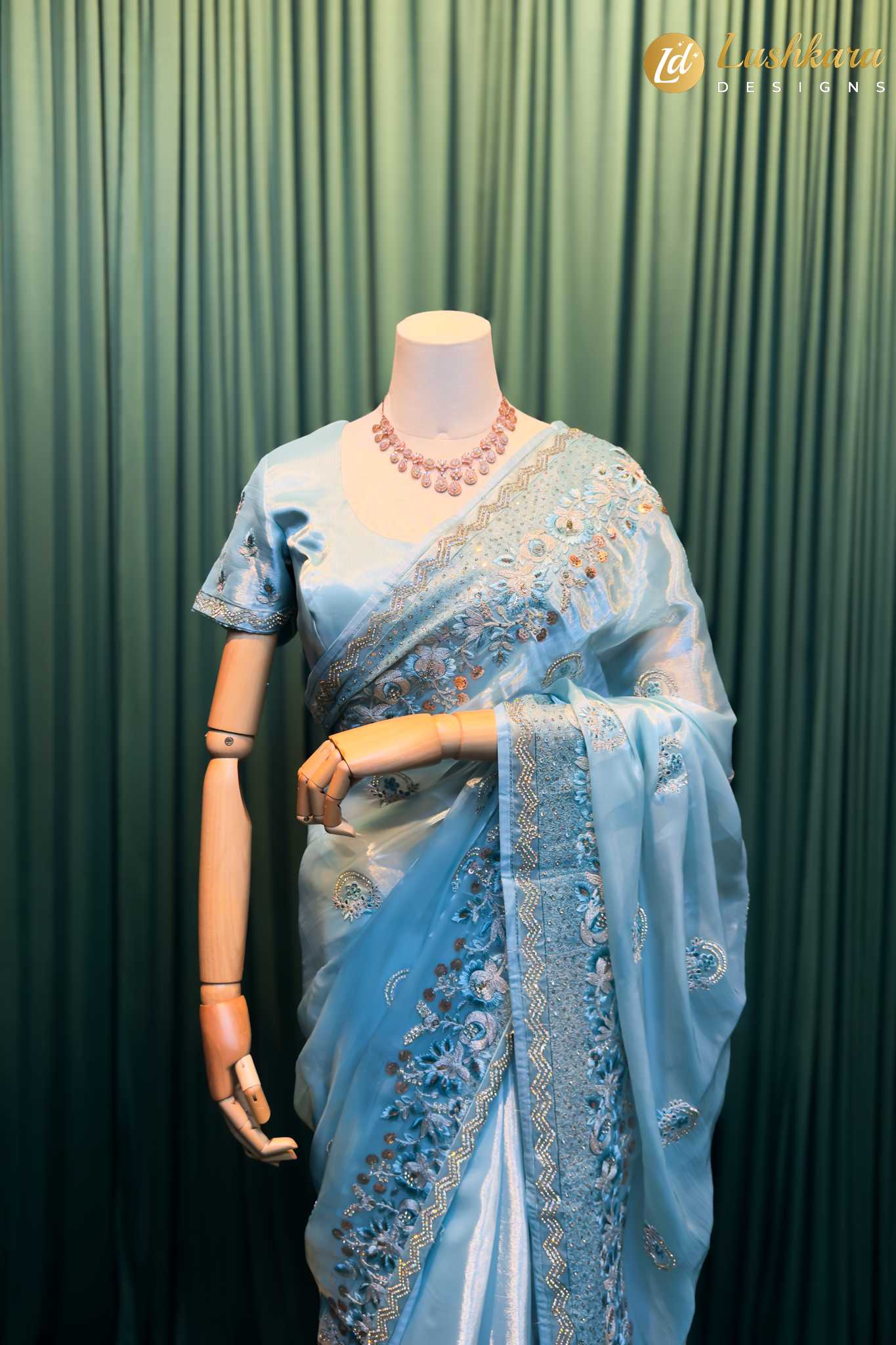 Sky Blue Embroidered Organza Saree with Sequins Border