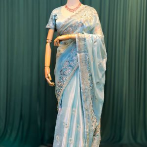 Sky Blue Embroidered Organza Saree with Sequins Border