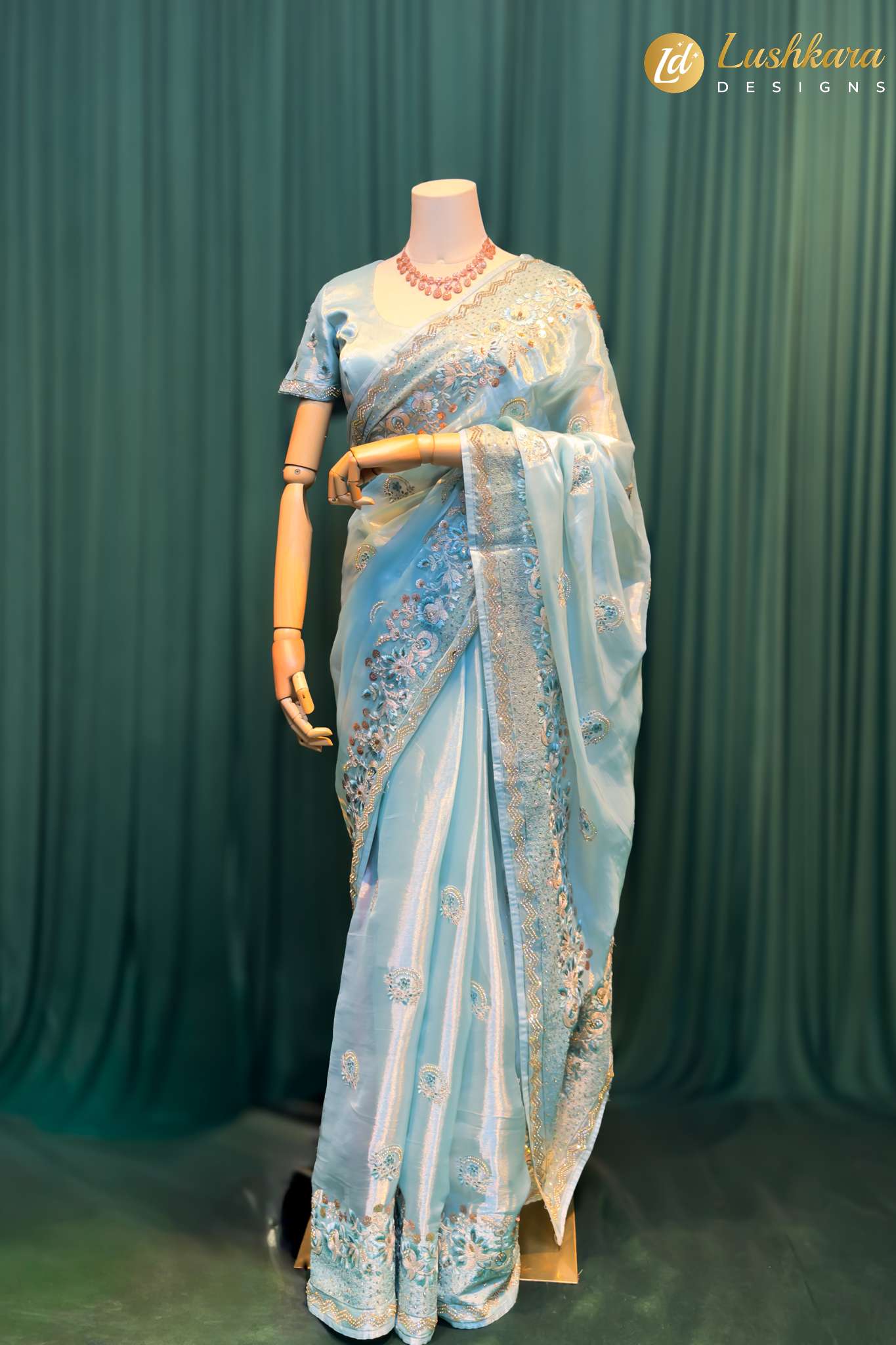 Sky Blue Embroidered Organza Saree with Sequins Border
