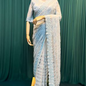 Lushkara Light Blue Embroidered Net Saree